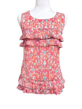 H&M Coral Geometric Triangle Sleeveless Pleated Layer Top Women’s Blouse Sz 8